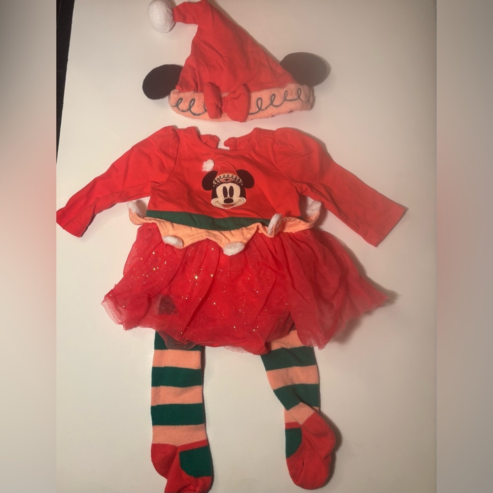 Disney Red Minnie Mouse Sparkle Tutu Costume with Striped Tights